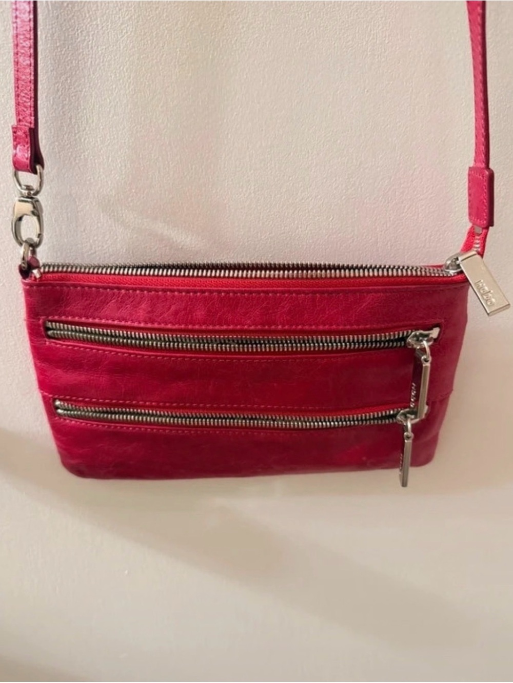 Hobo Fuchsia Leather Crossbody Bag with Double Zip Pockets